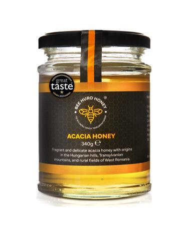 Bee HURO Honey Raw Acacia Honey - 100% Pure Honey Raw Unpasteurized with No Added Sugar or Preservatives - 340g