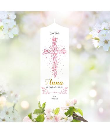 Personalized Wall Decals & Baptismal Candle - Pink Leaves Holy Cross Design 25cm x 7cm - Unique Individual Baptism Gift - Buy Online on SooperMarket.com
