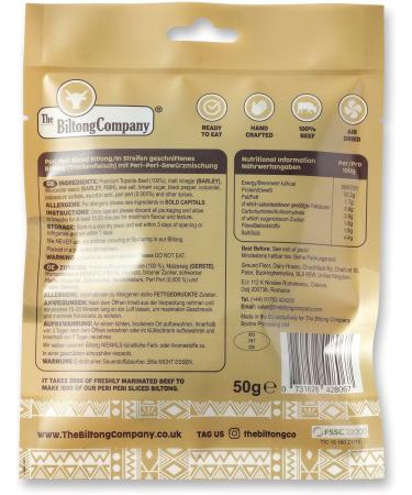 Peri Peri Sliced Biltong 1 x 50g (50g) Natural Spicy Beef Biltong by The Biltong Company High in Protein & Keto Diet-Approved Lean Biltong Spiced Meat Snack Like Jerky - Buy Online on SooperMarket.com
