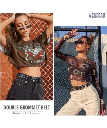 Double Grommet PU Leather Punk Belt for Women Men - 1.5 Wide 2 Hole Belts - A-Black - Fits Waist Up to 34 - Buy Online on SooperMarket.com