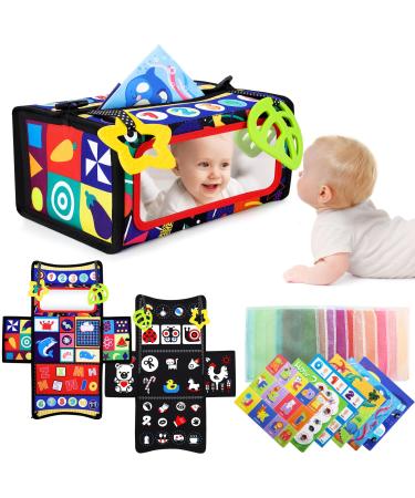 Urmywo Tissue Box Sensorik Montessori toys with mirror 6 in 1 baby toy 0-6-12 months of newborn toddler with colorful silk towels & bite ring baby black and white high contrast multicolored