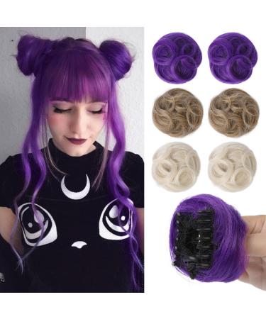 REECHO 2 PCS Mini Claw Clip in Messy & Cat Ears Hair Bun Extensions Wig Accessory Updo Hairpieces for Women Girls (Pack of 2-3.5" Wavy Dark Purple) Pack of 2-3.5" Wavy Dark Purple