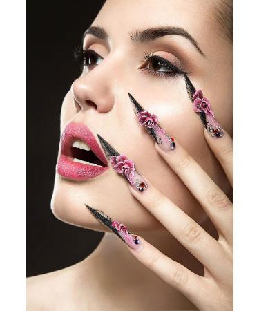 Buy Almond Press on Nails - Medium Black Ombre False Nails with 3D Bow Designs & Star Charms | Glossy Acrylic Stick-On Nails for Women - 24PCS - Buy Online on SooperMarket.com