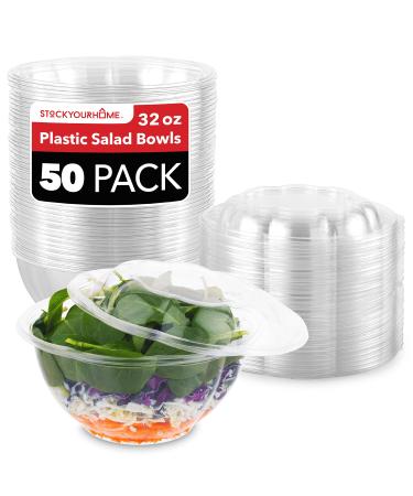 Stock Your Home 32oz Clear Plastic Salad Bowls with Lids Disposable (50 Pack) Medium Takeout Container with Snap on Lid for Fruit Salads, Quinoa, Lunch and Meal Prep, Acai Bowl, To-Go Party Containers 32 oz. / 50 Count