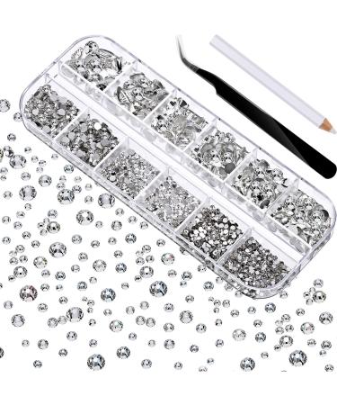 2000 Pieces Flat Back Gems Rhinestones 6 Sizes (1.5-6 Mm) Round Crystal Rhinestones with Pick up Tweezer and Rhinestones Picking Pen for Crafts Nail Clothes Shoes Bags DIY Art (Clear)