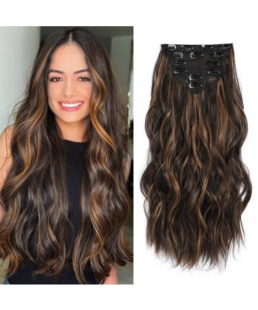 Fliace Clip in Hair Extensions, Highlight balayage dark brown Hair Extensions, 6 PCS Hairpieces, Natural & Blends Well Hair Extensions (20inch, 6pcs, Dark roasted coffee & Caraamel brown) 20 Inch ( 6 PCS ) Dark roasted coffee&Caraamel brown