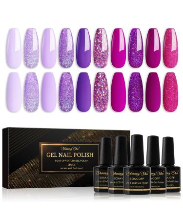 Shining She Gel Nail Polish Set 10 Colors Purple Rose White Shimmer Glitter Gel Polish Kit Soak-Off UV/LED Nail Polish Gel Gift for Nail Art Salon DIY Home 8ML