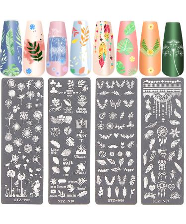 NICENEEDED Nail Art Stamping Plates Image Template Included 4 Pcs Nail Plates Nail Stamp Templates with Leaves Dreamcatcher Feather Dandelion Patterns Image Plates for DIY Nail Design Style 3