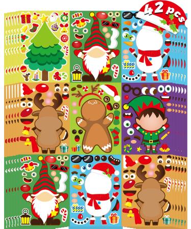 42 Sheets Christmas Party Favors Stickers, Make Your Own Christmas Gnome, Reindeer, Christmas Tree and Snowman Face, Christmas Crafts Gifts Christmas Holiday Activities Game Sticker for Kids