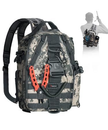 Piscifun Fishing Tackle Backpack with Rod & Gear Holder Lightweight Outdoor Fishing Tackle Storage Bag Water-Resistant Multifunctional Fishing Shoulder Pack for Fishing Hiking Hunting Digital Camouflage Standard (9.7*4.72*13.2 In)