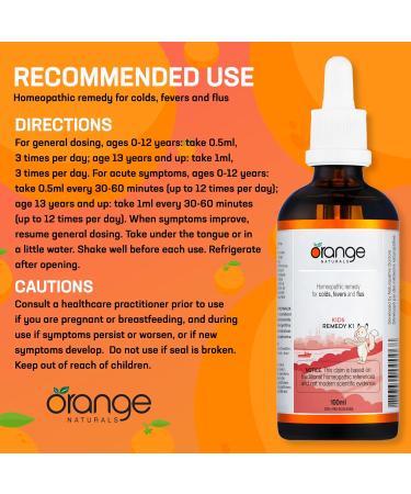 Orange Naturals - Remedy K1 for Kids - Formerly Cold+Flu for Kids - Gentle Relief for Cough & Dry Cough - 100ml Non-Drowsy Solution for Children - Buy Online on SooperMarket.com