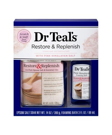 Dr Teal's Pink Himalayan Epsom Salt & Foaming Bath Oil Sampler Gift Set 2020 - Give The Gift of Restoration & Replenishment! - 14 oz Bag of Pink Himalayan Bath Salts & 3 oz Bottle of Foaming Bath Oil