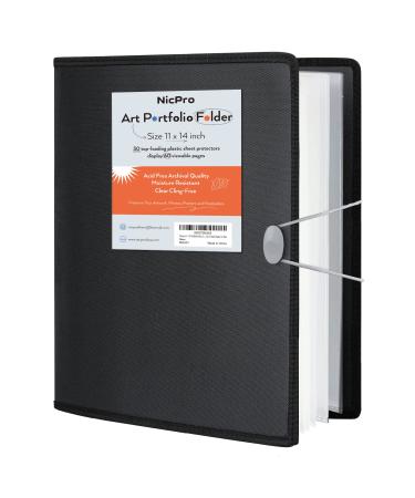 Nicpro 11x14" Art Portfolio Folder, 30 Pockets Display 60 Pages Art Painting Portfolio Binder with Clear Plastic Sleeves, Presentation Storage Book for Kids & Artists Artwork Drawing - (Black)