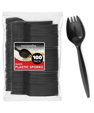 Disposable Sporks (100-Count) Black Plastic Spork, BPA Free 2-in-1 Utensils, Heavy Weight Fork Spoon for School Lunch, Picnics, Catering, Restaurants, Birthday Parties - Stock Your Home 100 Pack