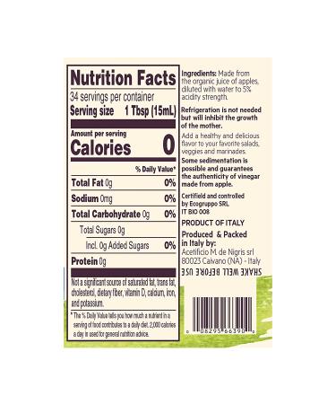 De Nigris Organic Apple Cider Vinegar 16.9 Oz (500ml) | Raw & Unfiltered with Mother | Source of Functional Elements for Metabolism Balance | Organic ACV - Buy Online on SooperMarket.com