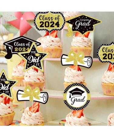 2024 Graduation Cupcake Toppers - 12Pcs Glitter Black Gold Class of 2024 Congrats Grad 2024 Cap Diploma Cupcake Picks Graduation Cake Decorations for 2024 Graduation Party Supplies - Buy Online on SooperMarket.com