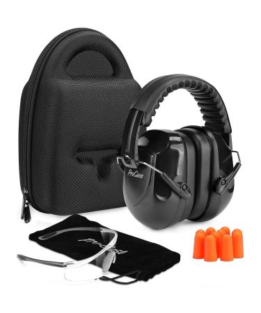 Procase hearing protection and eye protection set SNR34 DB soundproof shooting ear protector + protective glasses + hard case carrying bag protective cover + soft earplugs in black