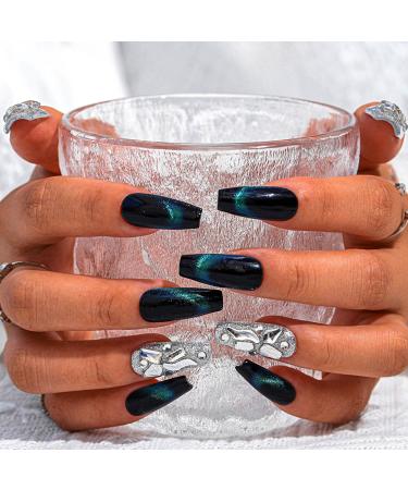 Sethexy Glitter Rhinestone Long Coffin Fake Nails Cat Eye Handmade False Nails Green Crystal Glossy Press on Nails Salon Durable Quality Nails for Women and Girls(C)