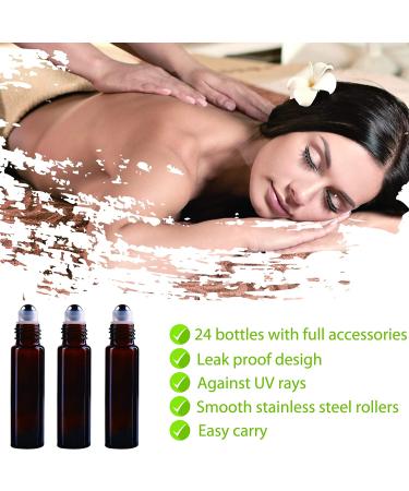 24 Pack Inice Roller Bottles for Aromatherapy Essential Oils - Amber Glass 10ml Refillable Containers with Accessories and Roller Ball - Buy Online on SooperMarket.com