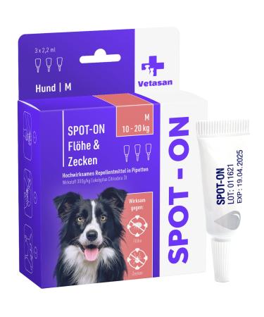 Vetasan spot-on for dogs 10-20kg (m) |Against fleas & ticks |3 months of protection |Highly effective |Ticks for dogs tick protection |Dog revenue 10-20 kg (m)