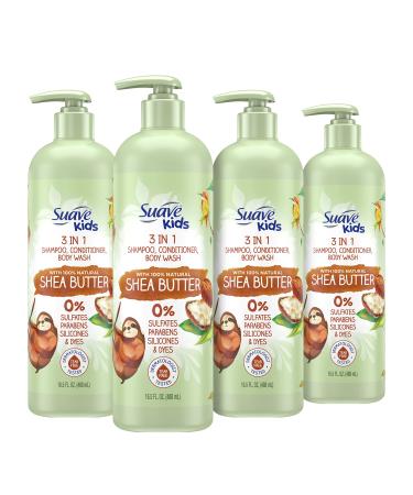 Suave Kids Naturals 3in1 Shampoo Conditioner Body Wash with Shea Butter 4 Pack Kids 3 in 1 Dermatologist-Tested and Tear-Free Shampoo Conditioner Bodywash 16.5 oz