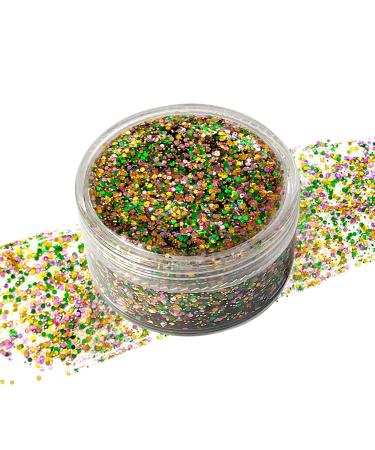 Green Purple Gold Mixed Holographic Chunky Glitter with Gel 25g (1 Jar) - Mardi Gras Crafts Glitter Powder Festive Sequins for Face and Body New Orleans Decorative Nail Art Carnival Decorations