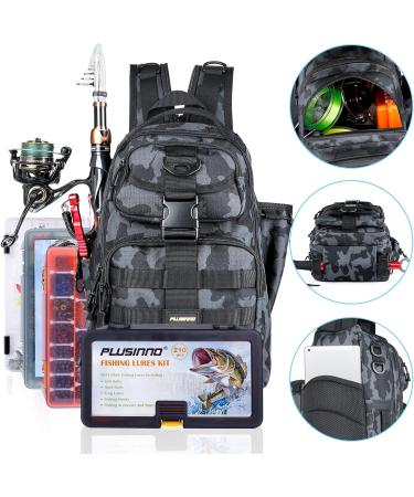 PLUSINNO Fishing Backpack Tackle Bag with Rod Holder - Water-Resistant, Ideal Fishing Gifts for Men - Large Black Camo (16.5*10.5*5.5inch) - Buy Online on SooperMarket.com