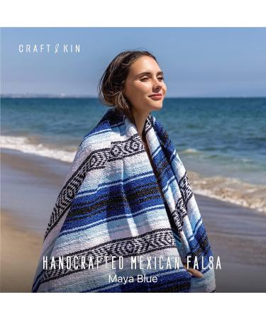 Craft & Kin Handcrafted Mexican Serape Blanket - 50x70 inches | Authentic Yoga, Falsa, Outdoor, Beach Blanket in Maya Blue - Buy Online on SooperMarket.com