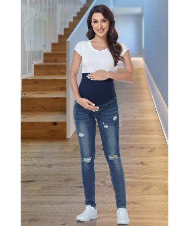 PACBREEZE Maternity Jeans Over Belly Slim High Waist Denim Pants, Ripped Indigo Blue XXL - Buy Online on SooperMarket.com