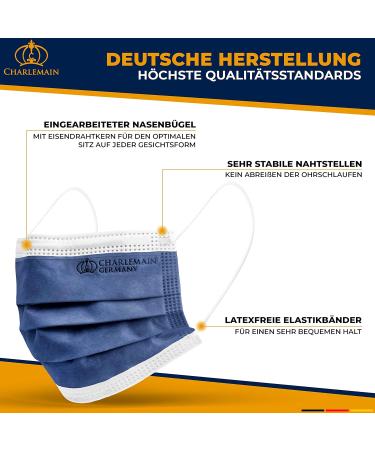 Charlemain 50x Medical Face Masks - EN 14683 Type IIR BFE 99.9% 3-Layer Latex-Free Navy Blue Made in Germany - One-Way Mouth-Nose Protection - Buy Online on SooperMarket.com