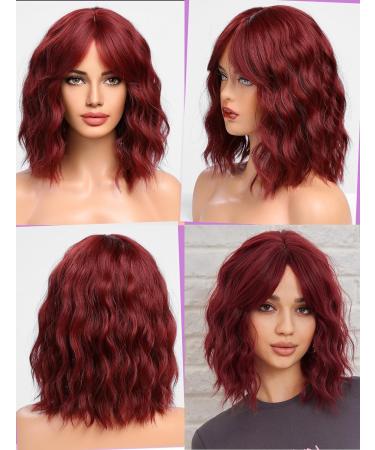 WOKESTAR Bob Curly Wig - Short Synthetic Wavy Wine Red Wig for Women, 12 inch with Fringe - Buy Online on SooperMarket.com