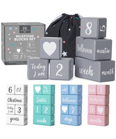 Gray Monthly Milestone Blocks with Bag. Baby Age Blocks for Girl or Boy Baby Photo Props. Month Baby Milestone Blocks with Grammatically Correct Month and Year