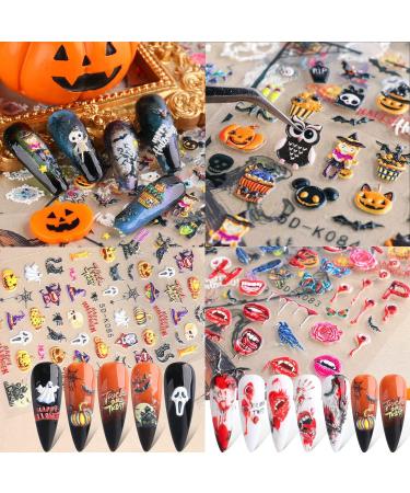 Halloween Nail Art Stickers Xcreando 5D Embossed Nail Decals Design with Skull Bones Ghost Witch Pumpkin Bat Lips Self-Adhesive Thick DIY 3D Nail Art Supplies for Halloween Days Party Cosplay Decorations 5 Sheets - Buy Online on SooperMarket.com