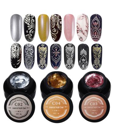 U-Shinein 3 Colors Metallic Nail Painting Gel Golden Silver Red Painted Gel Nail Polish 3D Metal Painting Gel Soak Off UV DIY Nail Art Manicure Color 02