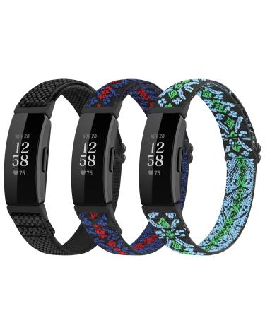 Huamanlou 3 Pack Adjustable Elastic Nylon Sport Bands Compatible with Fitbit Inspire 2/Inspire/Inspire HR/Ace 2/Ace 3, Soft Solo Loop Stretchy Straps Replacement Wristbands for Fitbit Inspire Women Men Black+Bohemian Red+Bohemian Blue