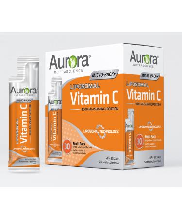 Aurora Nutrascience Liposomal Vitamin C Micro-Pack+ 1000mg/ Serving Gluten Free Non-GMO Sugar Free Organic Fruit Flavour 30 Single Serve Liquid Packets. NPN 80122401