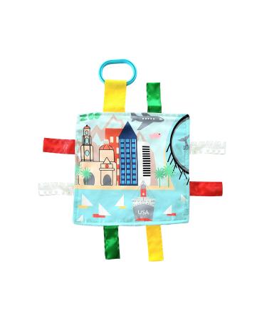 Baby Jack & Co 8x8  Learning Lovey San Diego California Tag Toys for Babies - Baby Crinkle Toys - Soft & Safe - Learn USA Cities and Shapes - Ideal Baby Toy & Gift BPA Free w/ Stroller Clip
