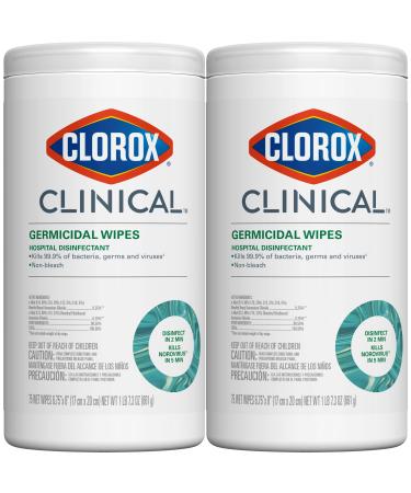 Clorox Clinical Germicidal Wipes and Non-Bleach Hospital Disinfectant, Health Care Cleaning Products, Industrial Cleaning, Germicidal Wipes, 75 Wipes (Pack of 2)