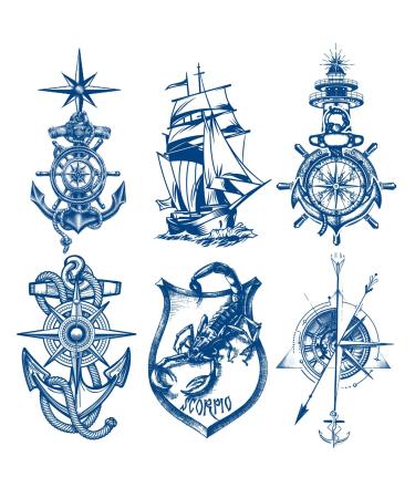Oottati 6 Sheets Semi Permanent Fake Waterproof Arm Temporary Tattoo Stickers Long Lasts 100% Plant-Based Ink Infinity Realistic  Ship Boat Anchor Rope Compass Scorpion Lighthouse Sailor Sea Arrow Natural Fading GZ-Ancho...