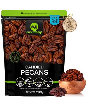 Candied Pecans Honey Glazed Praline, No Shell (16oz - 1 LB) Bulk Nuts Packed Fresh in Resealable Bag - Healthy Protein Food Snack, All Natural, Keto Friendly, Vegan, Kosher 1 Pound (Pack of 1)