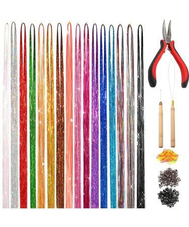 Movstriker Hair Tinsel Kit 16 Colors 3200 Strands 47 Inch Glitter Tinsel Hair Extensions Sparkling Hair Glitter with Tools Sparkling Shiny Hair Glitter for Women Girls Kids