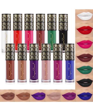 12Pcs Dark Liquid Lipstick Matte Sets  24-Hour Smudge Proof Long Lasting Matte Lipstick Lip Stain Lip Gloss Set-White/Red/Vampire/Green/Black/Chocolate/Purple/Nude/Blue