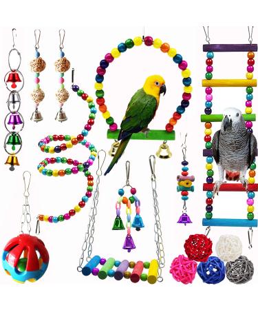 Hamiledyi Bird Parrot Swing Chewing Toy Set 15PCS Wooden Hanging Bell with Hammock Climbing Ladders Colorful Pet Birds Cage Toys for Small Parakeet Cockatiel Conures Finches Budgie Macaws Love Birds