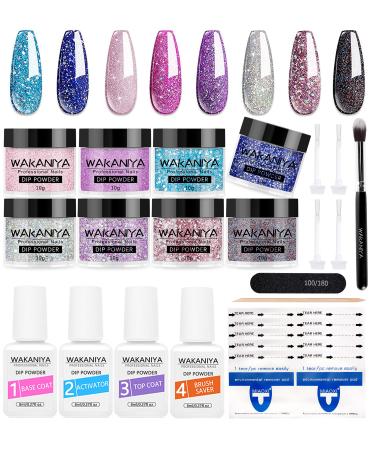 wakaniya Nail Dip Powder Kit 8 Colors Glitter Purple Galaxy Nails Powder Set with Liquids Base Top Coat Nail Remover Pads Dip Nails Starter Kit with Everything for Beginners Manicure and French Nail Art Design No Need UV L…