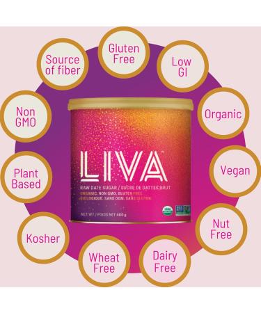LIVA Certified Organic Raw Date Sugar | 100% Pure and Naturally Milled | ECOCERT Canada | Non-GMO Project Verified | Kosher | Single Ingredient | Ethically Sourced | Gluten Free | Plant-Based | 400g x 6 Canisters - Buy Online on SooperMarket.com