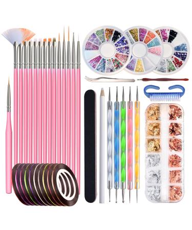 Brushes for gel nails 50 pieces of gel nails accessories contains 15 pieces nail art brush 12 pots foil sticker 10 manicure tapes 5 puncture pins and 3 sets of nail art State stones