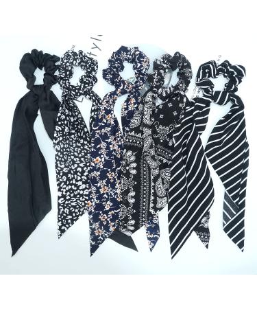 Black Floral/Striped Scarf Scrunchie Set - 5pcs Chiffon/Silk Hair Ties for Women - Buy Online on SooperMarket.com