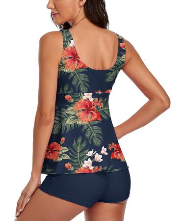Floral Print Modest Tankini Swimsuit Set with Boyshorts, Tummy Control - Large Navy - Buy Online on SooperMarket.com