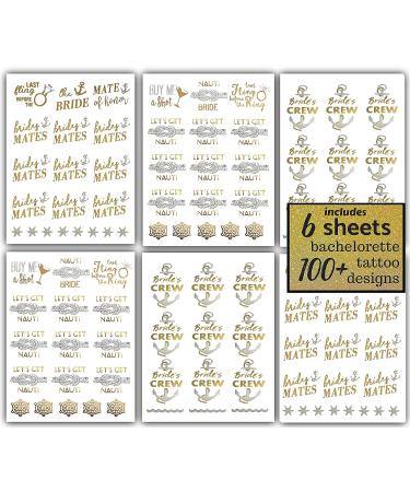 Bachelorette Bride to Be Nautical Temporary Tattoos - 100+ Gold Metallic Designs - Bride's Crew, Nauti Bride, Last Fling - Perfect for Engagement & Bachelorette Party - Waterproof & Nontoxic - Buy Online on SooperMarket.com