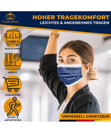 Charlemain 50x Medical Face Masks - EN 14683 Type IIR BFE 99.9% 3-Layer Latex-Free Navy Blue Made in Germany - One-Way Mouth-Nose Protection - Buy Online on SooperMarket.com